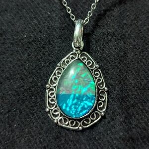 Silver Plated Blue Australian Triplet Opal Oval Pendant Statement Necklace